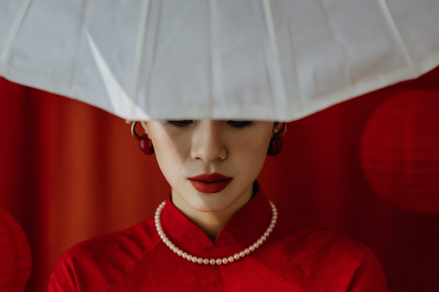 Portrait de mariée asiatique vêtue de rouge, un collier de perles blanches et une ombrelle blanche